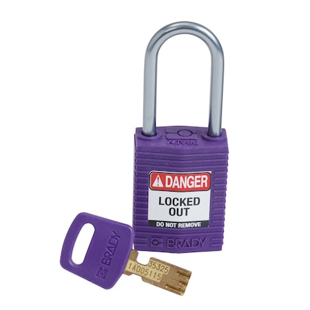 Brady Compact SafeKey Key Retaining Nylon Padlock 1.5in Aluminum Shackle KD Purple 1PK CPT-PRP-38AL-KD